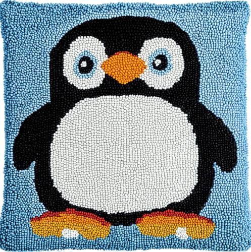 Rqwybcaxn Diy Kissen Knüpfen Set Cartoon-Pinguin-Muster Knüpfhaken-Sets,Knüpfhaken-Sets,Kissenbezug,Sofakissen,Anfänger,Diy,Basteln,Heimdekoration 43X43Cm von Rqwybcaxn