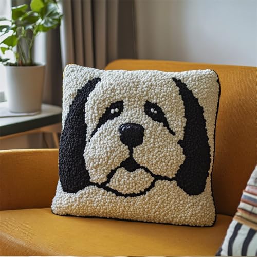 Rqwybcaxn Diy Kissen Knüpfen Set Hundegesicht Knüpfpackungen Hund Und Blumen Knüpfpackungen Zum Selbermachen Garnpackungen Kissen Teppich Muster Kunst Und Handwerk Häkeln Handarbeit 43X43Cm von Rqwybcaxn