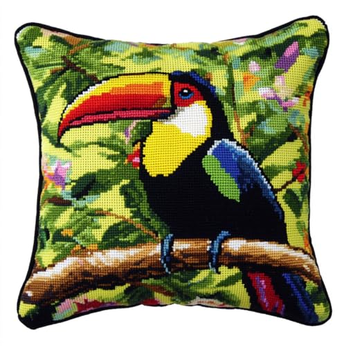 Rqwybcaxn Diy Kissen Knüpfen Set Kielschnabeltukan Knüpfpackungen Hund Und Blumen Knüpfpackungen Zum Selbermachen Garnpackungen Kissen Teppich Muster Kunst Und Handwerk Häkeln Handarbeit 43X43Cm von Rqwybcaxn