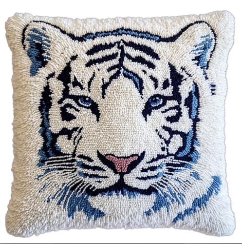 Rqwybcaxn Diy Kissen Knüpfen Set Weißer Tiger Knüpfhaken-Sets,Knüpfhaken-Sets,Kissenbezug,Sofakissen,Anfänger,Diy,Basteln,Heimdekoration 43X43Cm von Rqwybcaxn