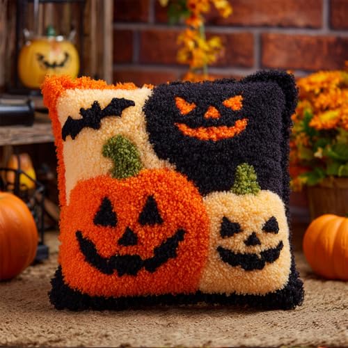 Rqwybcaxn Diy Knüpfen Set Knüpfhaken-Sets Halloween Vogelscheuche Fledermaus Knüpfhaken-Sets，Diy-Kissenbezug，Bastelsets，Mit Bedruckter Leinwand 43X43Cm von Rqwybcaxn