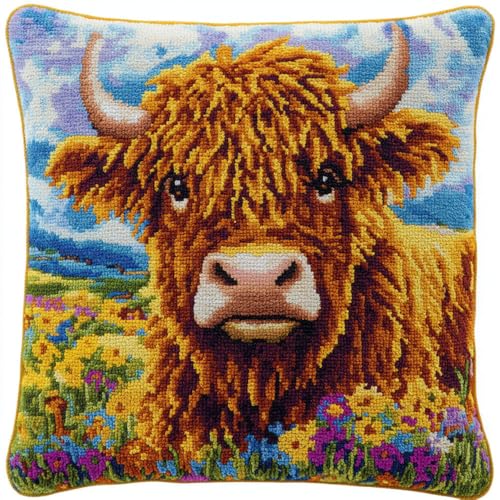 Rqwybcaxn Diy Knüpfkissen Set Hochlandrinder Mit Wildblumen Knüpfsets,Knüpfkissen,Sticksets,Diy-Teppich,Handarbeiten,Knüpfkissen-Sets 43X43Cm von Rqwybcaxn