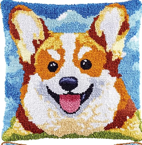 Rqwybcaxn Diy Knüpfkissen Zum Selber Knüpfen Corgi Knüpfhaken-Sets，Cartoon-Tiere，3D-Kissen，Materialien，Paketbezug，Knüpfhaken-Set，Kissen-Stickerei-Set，Bastel-Heimdekoration 43X43Cm von Rqwybcaxn