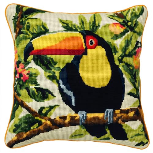 Rqwybcaxn Diy Knüpfkissen Zum Selber Knüpfen Kielschnabeltukan Knüpfhaken-Sets，Cartoon-Tiere，3D-Kissen，Materialien，Paketbezug，Knüpfhaken-Set，Kissen-Stickerei-Set，Bastel-Heimdekoration 43X43Cm von Rqwybcaxn