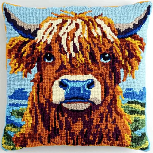 Rqwybcaxn Diy Knüpfkissen Zum Selber Knüpfen Knüpfhaken-Set Hochlandkuh-Muster Diy-Haken，Gestrickt，Bestickter Teppich，Kissen，Stickerei，Knüpfhaken-Teppich-Set 43X43Cm von Rqwybcaxn