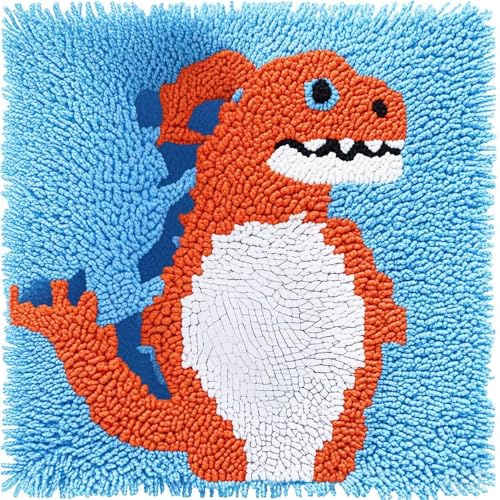 Rqwybcaxn Diy Knüpfkissen Zum Selber Knüpfen Knüpfhaken-Set Orangefarbener Dinosaurier Diy-Haken，Gestrickt，Bestickter Teppich，Kissen，Stickerei，Knüpfhaken-Teppich-Set 43X43Cm von Rqwybcaxn
