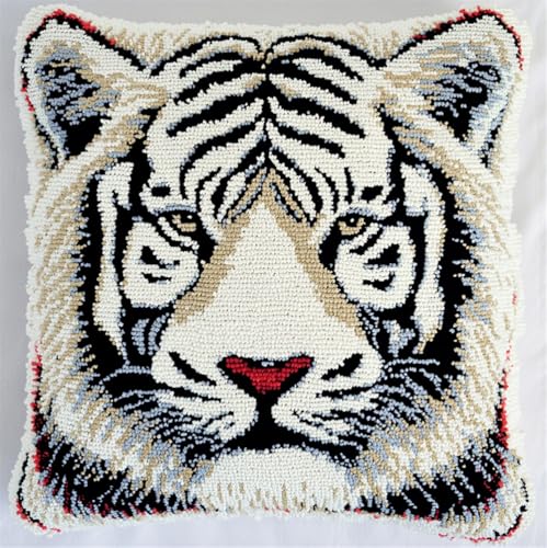 Rqwybcaxn Diy Knüpfkissen Zum Selber Knüpfen Knüpfhaken-Set Weißer Tiger,3D-Kissen，Materialien，Paketbezug，Knüpfhaken-Set，Kissen-Stickset，Bastel- Und Heimdekoration 43X43Cm von Rqwybcaxn