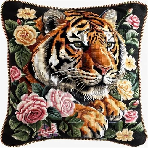 Rqwybcaxn Diy Knüpfkissen Zum Selber Knüpfen Knüpfhaken-Sets Tiger 3D Kissen Materialien Paketbezug Knüpfhaken-Sets Kissen Stickset Basteln Heimdekoration 43X43Cm von Rqwybcaxn