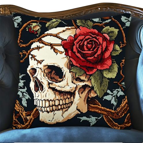 Rqwybcaxn Knüpfkissen Set Totenkopf Und Blaue Rose Knüpfkissen Set Für Anfänger Erwachsene Oder Kinder Zum Selber Knüpfen,Diy Knüpfteppich Knüpfpackung,43X43Cm von Rqwybcaxn