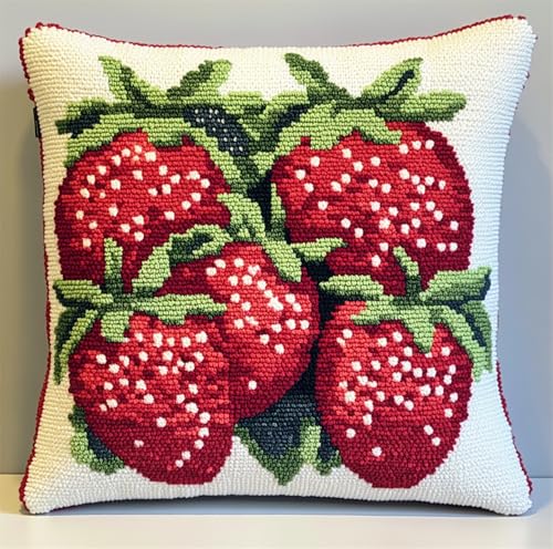 Rqwybcaxn Knüpfkissen Zum Selber Knüpfen Knüpfhaken-Sets Erdbeeren 3D-Kissen，Materialpaket，Bezug，Knüpfhaken-Set，Kissen-Stickset，Bastel- Und Heimdekoration 43X43Cm von Rqwybcaxn