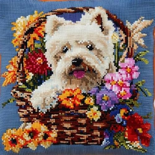 Rqwybcaxn Knüpfkissen Zum Selber Knüpfen Knüpfhaken-Sets Westie Hund Welpe Weiße Blume 3D-Kissen，Materialpaket，Bezug，Knüpfhaken-Set，Kissen-Stickset，Bastel- Und Heimdekoration 43X43Cm von Rqwybcaxn