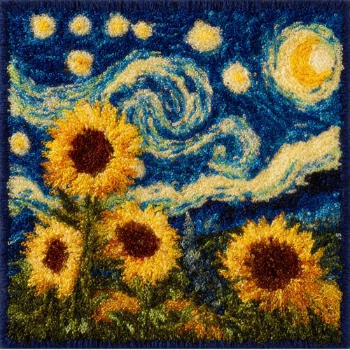 Rqwybcaxn Knüpfteppich Zum Selber Knüpf-Sets 43X43Cm, Sonnenblumen Unter Dem Sternenhimmel,Latch Hook Kits Teppiche, Diy Dekorative Kissenbezüge Stickerei Kreuzstich Kunsthandwerk von Rqwybcaxn