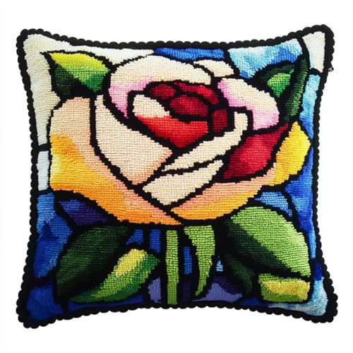 Rqwybcaxn Knüpfteppich Zum Selber Knüpf-Sets Mit Kissen Knüpfen,Die Rose,Set 43X43Cm Kissenbezug-Set Für Erwachsene Und Kinder Latch Hook Kit Heimaccessoire von Rqwybcaxn