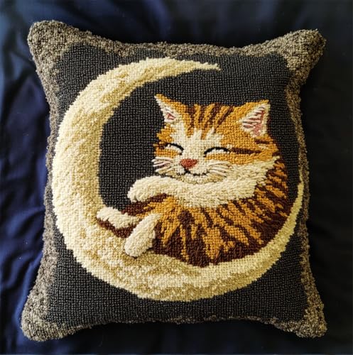 Rqwybcaxn Knüpfteppich Zum Selber Knüpf-Sets Mit Kissen Knüpfen-Set 43X43Cm Katze Liegt Auf Dem Mond Kissenbezug-Set Für Erwachsene Und Kinder Latch Hook Kit Heimaccessoire von Rqwybcaxn