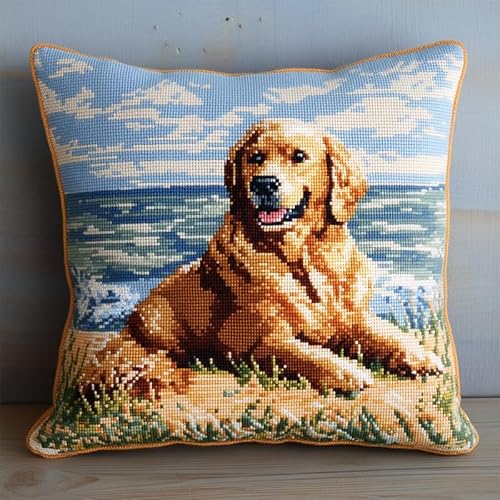 Rqwybcaxn Kreuzstichkissen Set mit Vorgedrucktem Motiv - 11ct DIY Stickpackung für Anfänger (45x45cm) - Handstickerei Stickset zum Selbermachen,Strand Golden Retriever von Rqwybcaxn