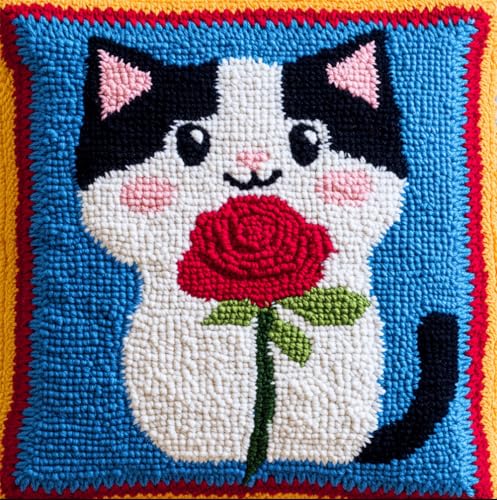 Rqwybcaxn Latch Hook Kissen Kit Katze Hält Eine Rose Knüpfkissen Set Für Anfänger Erwachsene Oder Kinder Zum Selber Knüpfen, Diy Knüpfteppich Knüpfpackung, Knüpfhaken Set 43 X 43 Cm von Rqwybcaxn