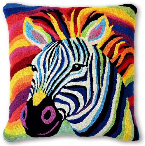 Rqwybcaxn Latch Hook Kissen Kit Regenbogen-Zebra-Muster Knüpfkissen Set Für Anfänger Erwachsene Oder Kinder Zum Selber Knüpfen, Diy Knüpfteppich Knüpfpackung, Knüpfhaken Set 43 X 43 Cm von Rqwybcaxn