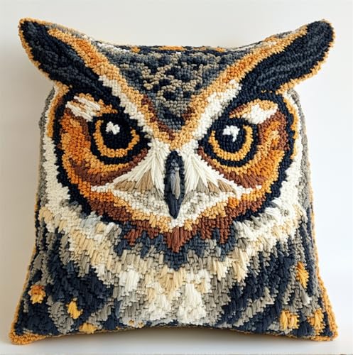 Rqwybcaxn Tier Diy Knüpfkissen Zum Selber Knüpfen Knüpfhaken-Set,Eule Auf Einem Ast,Knüpfhaken,Kissen-Stickset,Bastel- Und Heimdekoration,Latch Hook Kit,43X43Cm von Rqwybcaxn