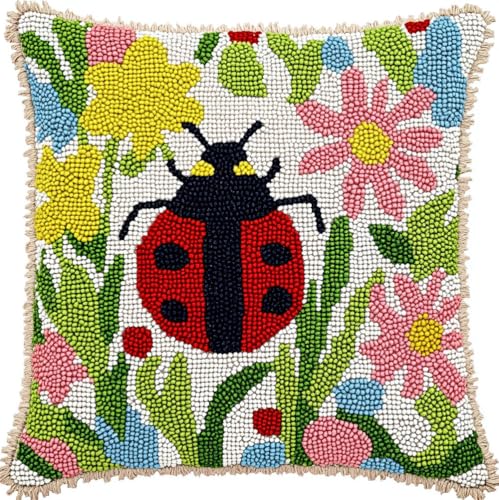 Rqwybcaxn Tier Diy Knüpfkissen Zum Selber Knüpfen Knüpfhaken-Set,Marienkäfer- Und Blumenmuster,Knüpfhaken,Kissen-Stickset,Bastel- Und Heimdekoration,Latch Hook Kit,43X43Cm von Rqwybcaxn