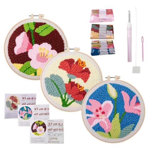Rrlihjgu Stickset für Anfänger, Stickerei-Set – mit Blumenmuster Punch Needle Coasters Kit, inklusive Anleitung (evtl. nicht in deutscher Sprache), 3 x Nähset für Handarbeit, für Kinder und Erwachsene von Rrlihjgu