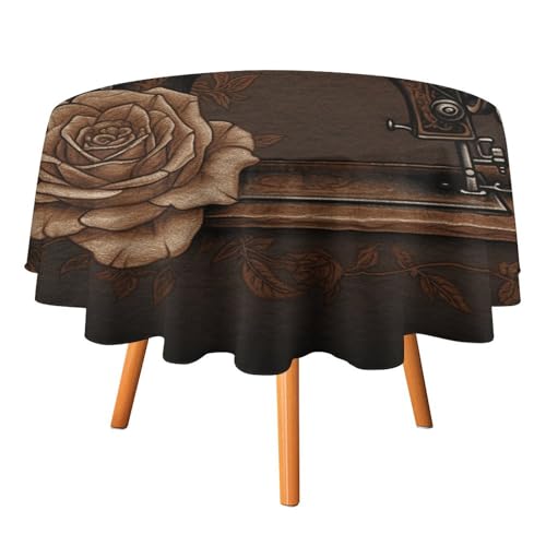 Rrtsmsgh Rose and Sewing Machine Tischdecke, knitterfrei, strapazierfähig, dekorative Tischdecke, leicht zu reinigen, waschbar, runde Tischdecke für Küche, Esszimmer, Party, Hochzeit, 91,4 x 91,4 cm von Rrtsmsgh
