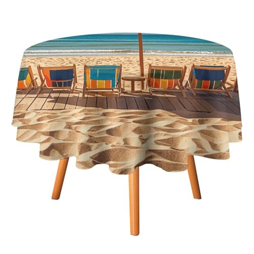 Rrtsmsgh Tischdecke mit Strandszene mit Stühlen, knitterfrei, strapazierfähig, dekorativ, leicht zu reinigen, waschbar, runde Tischdecke für Küche, Esszimmer, Party, Hochzeit, 152,4 x 152,4 cm von Rrtsmsgh