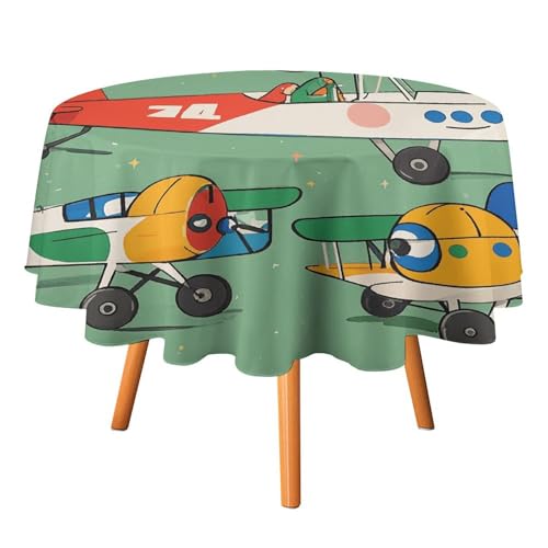 Rrtsmsgh Tischdecke mit vielen Cartoon-Flugzeugen, knitterfrei, strapazierfähig, dekorativ, leicht zu reinigen, waschbar, runde Tischdecke für Küche, Esszimmer, Party, Hochzeit, 177,8 x 177,8 cm von Rrtsmsgh