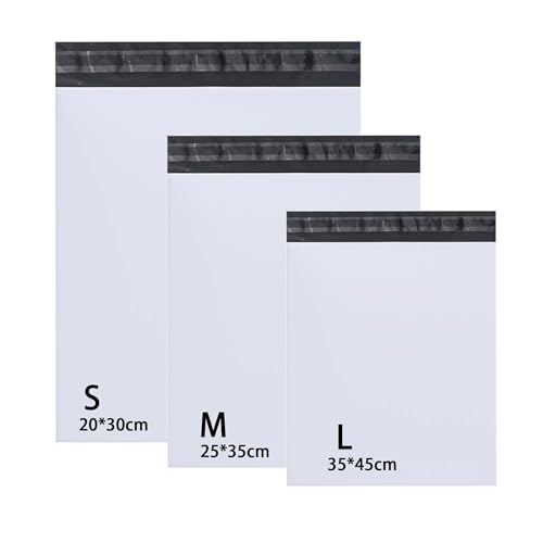 Rshuhx Versandbeutel Plastik Versandtaschen 20cm*30cm/ 25cm*35cm/ 35cm*45cm Versandtüten für Kleidung Kleine Schuhbox Hemd und Pullover Selbstklebend und Blickdicht (3 Tailles Mixed 30pcs Weiß) von Rshuhx