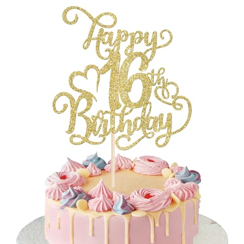Rsstarxi 1 Packung Gold Glitzer Happy 16th Birthday Cake Topper Cheers to 16 Years Old 16 Fabulous Cake Pick 16th Birthday Cake Decoration for Happy 16th Birthday Anniversary Party Decorations von Rsstarxi