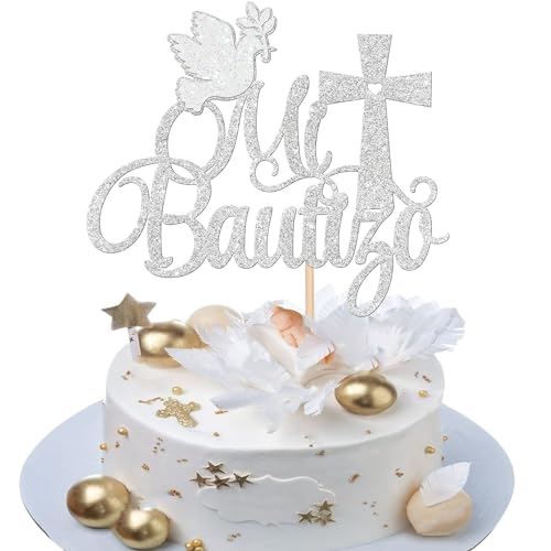 Rsstarxi 1 Packung Spanischer Mi Bautizo Tortenaufsatz, Glitzerkreuz, Erstkommunion, Taufe, Kuchendekoration, für religiösen Gott, Segen, Taufe, Babyparty, Geburtstag, Party, Kuchendekoration, Silber von Rsstarxi