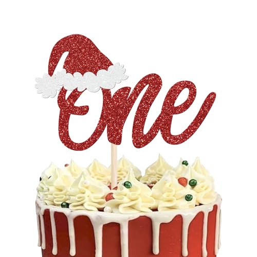 Rsstarxi 1 Packung Weihnachten One Cake Topper Glitzer Weihnachten Santa Hut Erster Geburtstag Kuchen Pick Dekorationen für Winter Weihnachten Baby Shower 1. Geburtstag Party Kuchen Dekorationen Rot von Rsstarxi