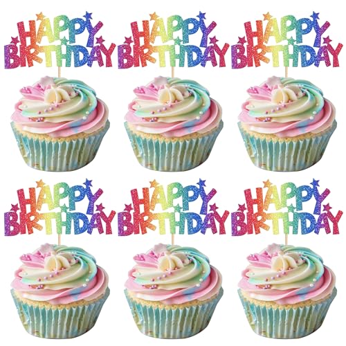 Rsstarxi Cupcake-Aufsätze "Happy Birthday", bunt, glitzernd, Sterne, für Jungen und Mädchen, Prinzessinnengeburtstag, Dekoration für Geburtstagsparty, Kuchendekorationen, 24 Stück Rsstarxi Cupcake-Aufsätze "Happy Birthday", bunt, glitzernd, Sterne, für Jungen und Mädchen, Prinzessinnengeburtstag, Dekoration für Geburtstagsparty, Kuchendekorationen, 24 Stück von Rsstarxi