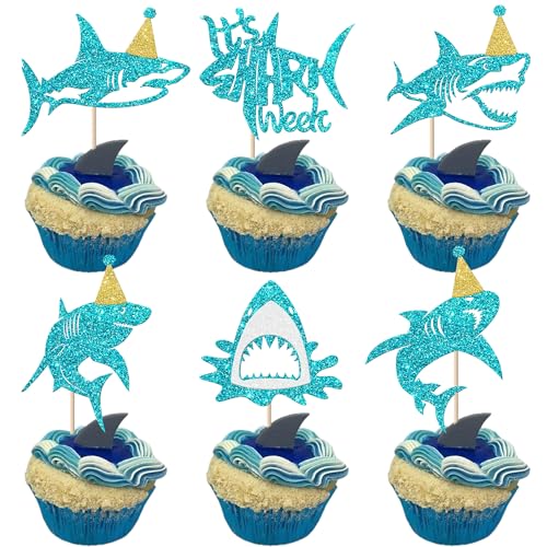 Rsstarxi Cupcake-Aufsätze mit Hai-Motiv, "It's Shark Week", Cupcake-Picks, Haifisch-Kuchendekorationen für unter dem Meer, Ozean, Geburtstag, Babyparty, Party-Dekorationen, 24 Stück Rsstarxi Cupcake-Aufsätze mit Hai-Motiv, "It's Shark Week", Cupcake-Picks, Haifisch-Kuchendekorationen für unter dem Meer, Ozean, Geburtstag, Babyparty, Party-Dekorationen, 24 Stück von Rsstarxi