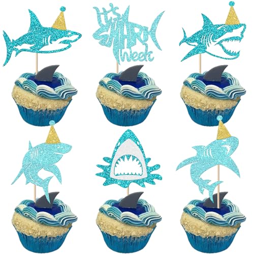 Rsstarxi Cupcake-Aufsätze mit Hai-Motiv, "It's Shark Week", Cupcake-Picks unter dem Meer, Kuchendekorationen für Ozean-Thema, Geburtstag, Babyparty, Party-Dekorationen, Blau, 24 Stück Rsstarxi Cupcake-Aufsätze mit Hai-Motiv, "It's Shark Week", Cupcake-Picks unter dem Meer, Kuchendekorationen für Ozean-Thema, Geburtstag, Babyparty, Party-Dekorationen, Blau, 24 Stück von Rsstarxi