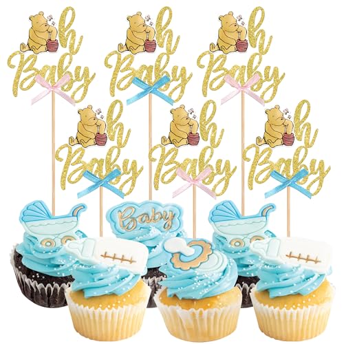 Rsstarxi Cupcake-Topper mit Schleife und Aufschrift "Bear Oh Baby Shower", für klassische Babyparty, Geburtstag, Party, Kuchendekoration, Gold, 24 Stück von Rsstarxi