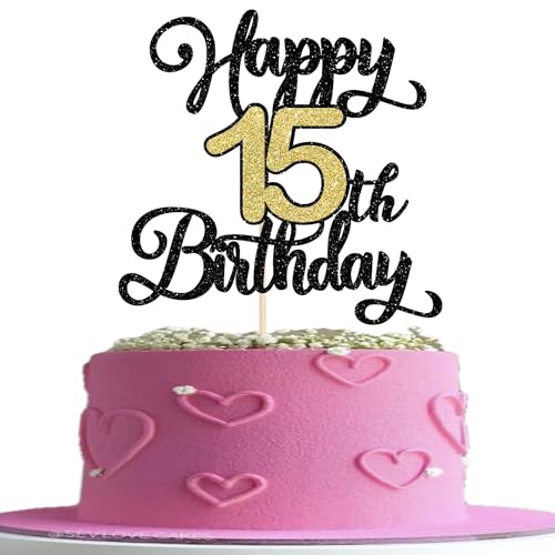 Rsstarxi Tortenaufsatz "Happy 15th Birthday", Schwarz / Gold, Glitzer, Cheers to 15 Cheers to 15 Mis Quitte Cake Pick Mis 15 Themen, Kuchendekorationen für fabelhafte 15 Rsstarxi Tortenaufsatz "Happy 15th Birthday", Schwarz / Gold, Glitzer, Cheers to 15 Cheers to 15 Mis Quitte Cake Pick Mis 15 Themen, Kuchendekorationen für fabelhafte 15 von Rsstarxi
