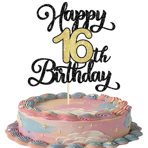 Rsstarxi Tortenaufsatz "Happy 16th Birthday", Schwarz / Gold, Glitzer, Aufschrift "Cheers to 16 Years", 16 Themen, Kuchendekorationen für fabelhafte 16 Geburtstagspartys, Kuchendekorationen Rsstarxi Tortenaufsatz "Happy 16th Birthday", Schwarz / Gold, Glitzer, Aufschrift "Cheers to 16 Years", 16 Themen, Kuchendekorationen für fabelhafte 16 Geburtstagspartys, Kuchendekorationen von Rsstarxi