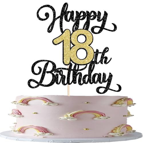 Rsstarxi Tortenaufsatz "Happy 18th Birthday", Schwarz / Gold, Glitzer, Aufschrift "Cheers to 18 Years", 1 Packung Rsstarxi Tortenaufsatz "Happy 18th Birthday", Schwarz / Gold, Glitzer, Aufschrift "Cheers to 18 Years", 1 Packung von Rsstarxi