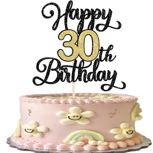 Rsstarxi Tortenaufsatz "Happy 30th Birthday", Schwarz / Gold, Glitzer, Aufschrift "Cheers to 30 Years Birthday", Kuchendekoration mit Aufschrift "Hello 30" für fabelhafte Party-Kuchendekorationen von Rsstarxi
