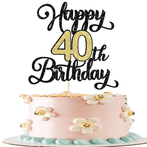 Rsstarxi Tortenaufsatz "Happy 40th Birthday", Schwarz / Gold, Glitzer, Aufschrift "Cheers to 40 Years", 1 Packung Rsstarxi Tortenaufsatz "Happy 40th Birthday", Schwarz / Gold, Glitzer, Aufschrift "Cheers to 40 Years", 1 Packung von Rsstarxi