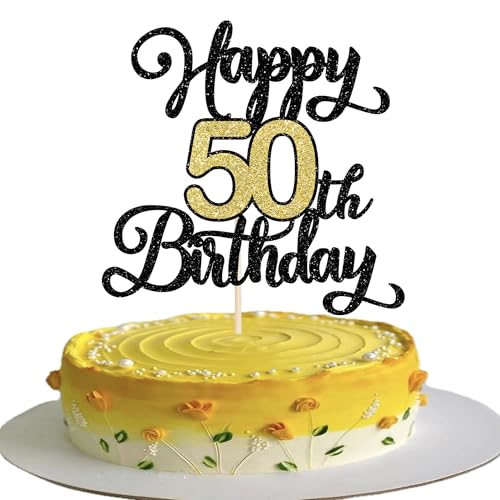 Rsstarxi Tortenaufsatz "Happy 50th Birthday", Schwarz / Gold, Glitzer, "Cheers to 50 Years Birthday", Kuchendekoration mit Aufschrift "Hello 50 Birthday", Kuchendekorationen für fabelhafte 50 Rsstarxi Tortenaufsatz "Happy 50th Birthday", Schwarz / Gold, Glitzer, "Cheers to 50 Years Birthday", Kuchendekoration mit Aufschrift "Hello 50 Birthday", Kuchendekorationen für fabelhafte 50 von Rsstarxi