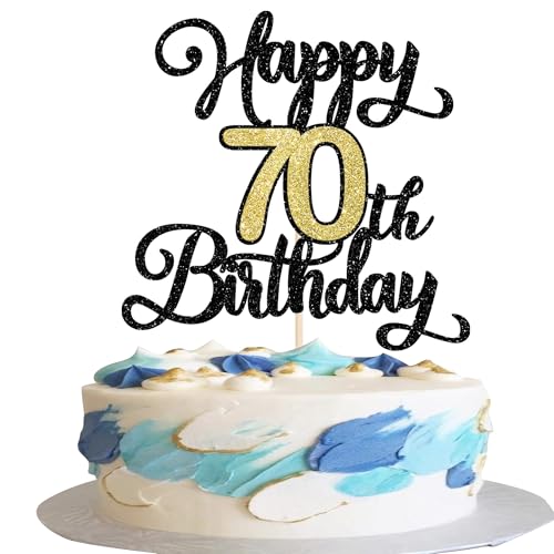 Rsstarxi Tortenaufsatz "Happy 70th Birthday", Schwarz / Gold, Glitzer, Aufschrift "Cheers to 70 Years", Kuchendekoration mit Aufschrift "Hello 70" für fabelhafte 70. Geburtstag Rsstarxi Tortenaufsatz "Happy 70th Birthday", Schwarz / Gold, Glitzer, Aufschrift "Cheers to 70 Years", Kuchendekoration mit Aufschrift "Hello 70" für fabelhafte 70. Geburtstag von Rsstarxi