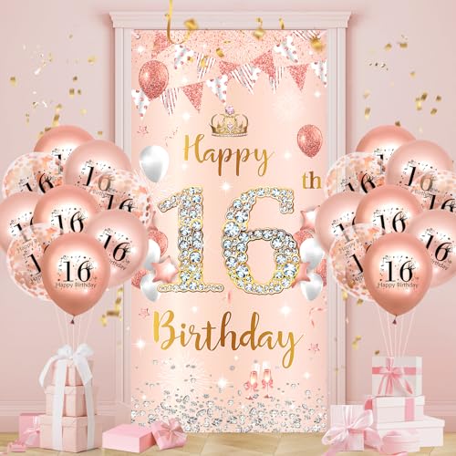 16.Geburtstagsdeko Mädchen,Roségold Gold 16 Banner mit Luftballons, 16.Geburtstag Dekoration für 16 Jahre 16th Birthday Geburtstags Hintergrund Türbanner 16. Ballon Jubiläum Geburtstag Party Deko 16.Geburtstagsdeko Mädchen,Roségold Gold 16 Banner mit Luftballons, 16.Geburtstag Dekoration für 16 Jahre 16th Birthday Geburtstags Hintergrund Türbanner 16. Ballon Jubiläum Geburtstag Party Deko von Ruarruly