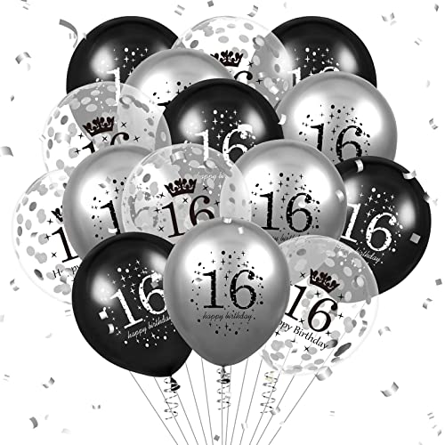 Luftballon 16. Geburtstag Deko 15 Stück Schwarz Silber Ballons-16 Jahre Geburtstagsdeko Birthday Deko Latex Konfetti Ballon für Jungen Mädchen Kinder 16. Jubiläum Party Dekoration 12Zoll von Ruarruly