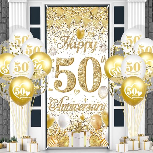 Partydekorationen zum 50. Jahrestag, Weißgold, Happy 50th Anniversary Türbanner und 18 weiße goldene Luftballons für Männer und Frauen, goldene Hochzeitsfeierzubehör Partydekorationen zum 50. Jahrestag, Weißgold, Happy 50th Anniversary Türbanner und 18 weiße goldene Luftballons für Männer und Frauen, goldene Hochzeitsfeierzubehör von Ruarruly