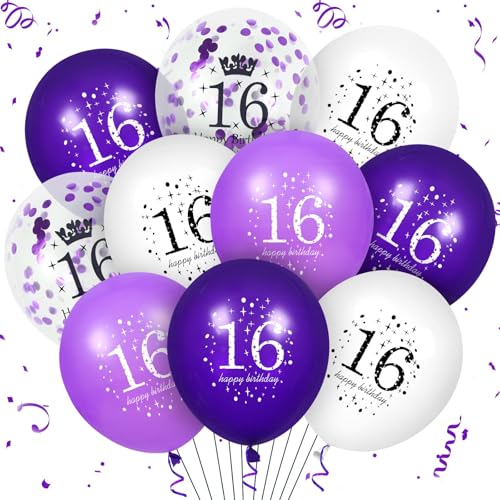 Violette Luftballons zum 16. Geburtstag – 16 Stück violett-weiße Konfetti-Latex-Luftballons für Mädchen und Jungen, süße 16 Party-Dekoration, Zubehör, 30,5 cm Violette Luftballons zum 16. Geburtstag – 16 Stück violett-weiße Konfetti-Latex-Luftballons für Mädchen und Jungen, süße 16 Party-Dekoration, Zubehör, 30,5 cm von Ruarruly