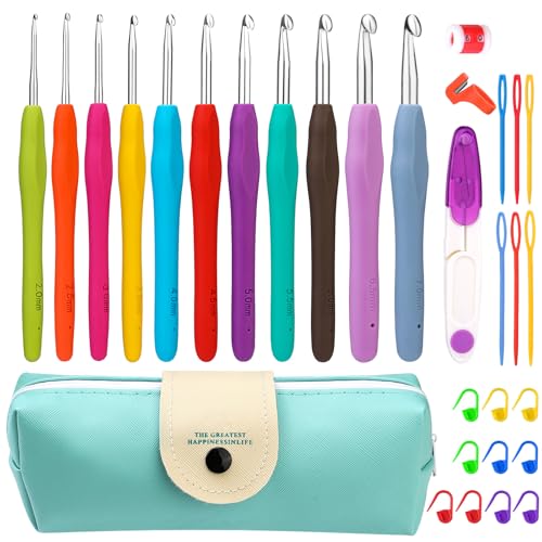 Ruasol Häkelnadel Set, 11 Größen Häkelnadel-Set, 32 Stück Rutschfestes Garn Stricknadel Set, Stricknadeln mit ergonomischen Griffen für arthritische Hände, mit blauem Etui für Häkler Ruasol Häkelnadel Set, 11 Größen Häkelnadel-Set, 32 Stück Rutschfestes Garn Stricknadel Set, Stricknadeln mit ergonomischen Griffen für arthritische Hände, mit blauem Etui für Häkler von Ruasol