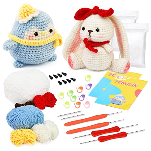 Ruasol Häkelpaket für Anfänger, Häkelpaket mit Garn, DIY-Häkelpaket für Anfänger, Häkelnadeln, Schritt-für-Schritt-Anleitungsvideo, Häkel-Starter-Kit für DIY-Bastelkunst, Pinguin und Hase Ruasol Häkelpaket für Anfänger, Häkelpaket mit Garn, DIY-Häkelpaket für Anfänger, Häkelnadeln, Schritt-für-Schritt-Anleitungsvideo, Häkel-Starter-Kit für DIY-Bastelkunst, Pinguin und Hase von Ruasol