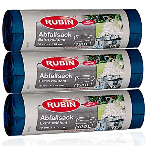 120 Liter Müllsäcke 3er Pack 30 Beutel (3 x 10 Stück) - RUBIN EXTRA REIßFEST und Flüssigkeitsdicht - Für Haus- Büro und Gartenabfälle - von Rubin