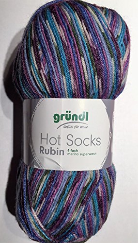 Gründl Hot Socks Rubin, 7 tolle Farben, Merino Sockenwolle + Bambus, 100 g Knäuel, 4-Fach, kuschelweich auch hervorragend für Tücher geeignet. (01) von Rubin